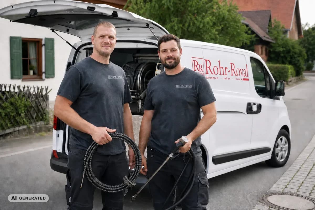 KI-generiertes Bild: Techniker von Rohr Royal mit Reinigungsausrüstung vor dem Servicefahrzeug