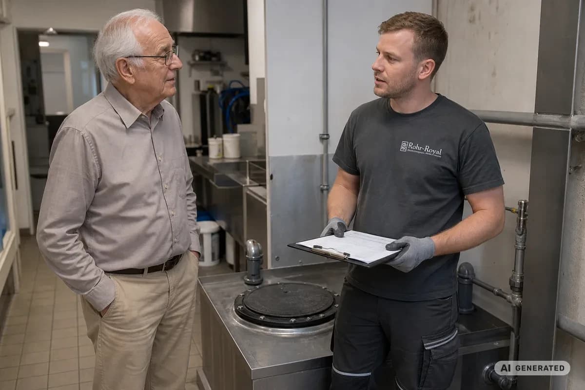 KI-generiertes Bild: Techniker wartet Fettabscheider in einem Gastronomiebetrieb