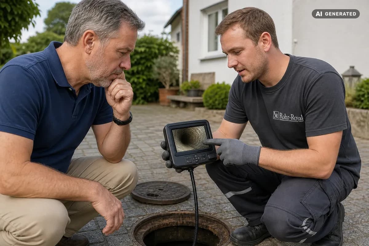 KI-generiertes Bild: Techniker zeigt Hausbesitzer Live-Bilder aus der Kanalkamera
