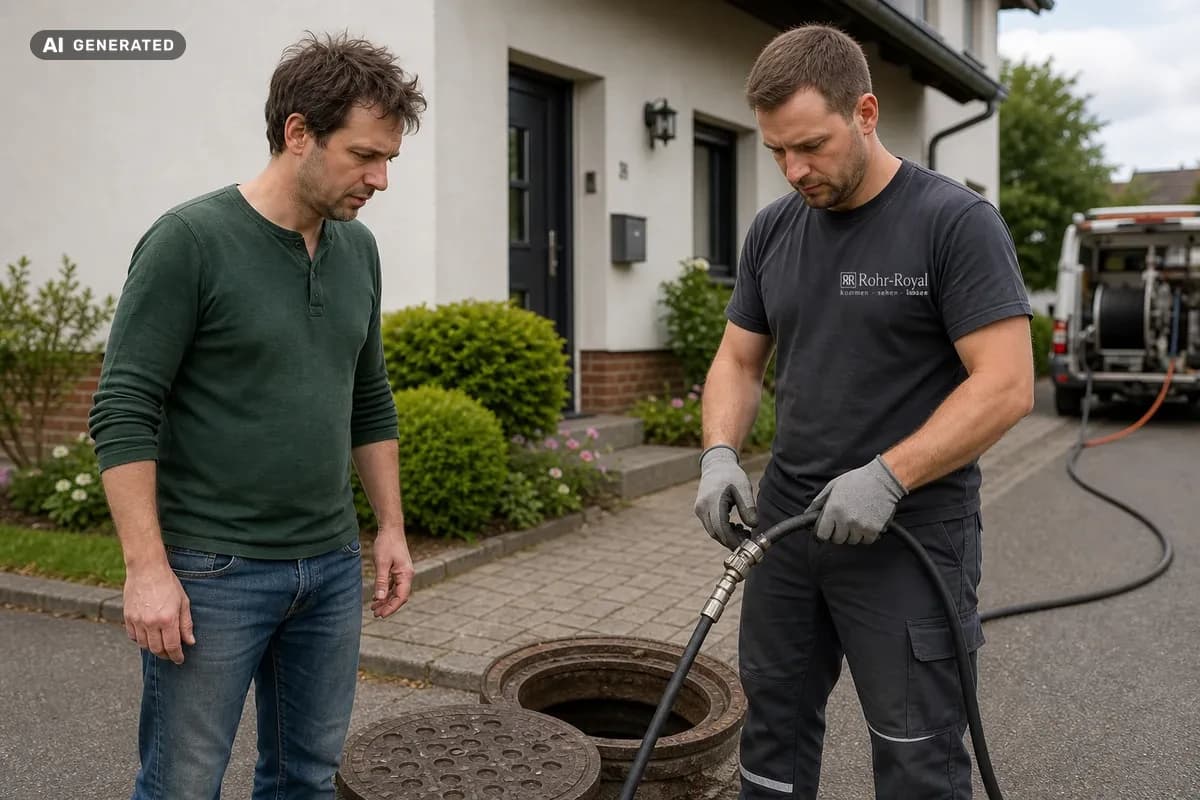 KI-generiertes Bild: Techniker reinigt Kanal per Hochdruckspülung am Haus