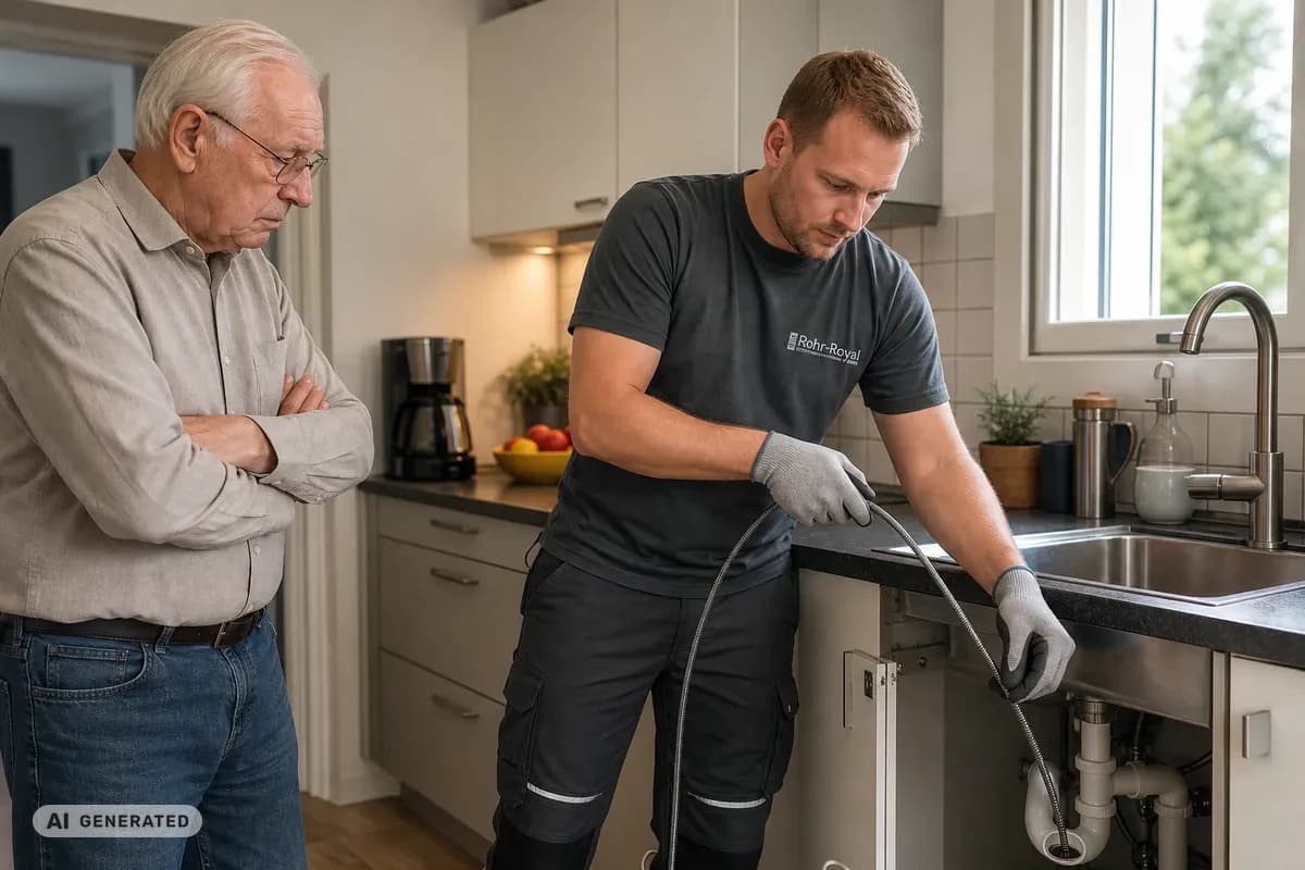 KI-generiertes Bild: Techniker reinigt einen verstopften Küchenabfluss beim Kunden
