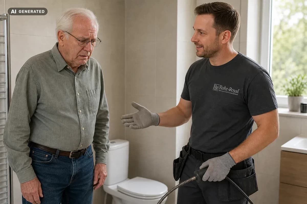 KI-generiertes Bild: Techniker beruhigt Hausbesitzer bei einer verstopften Toilette